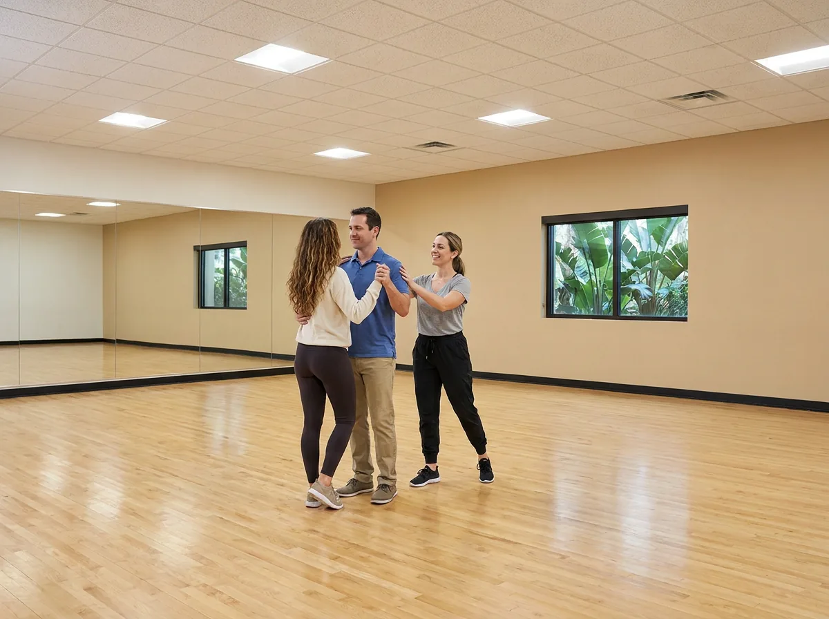 Instructor coaching a couple through a country two step wedding dance
