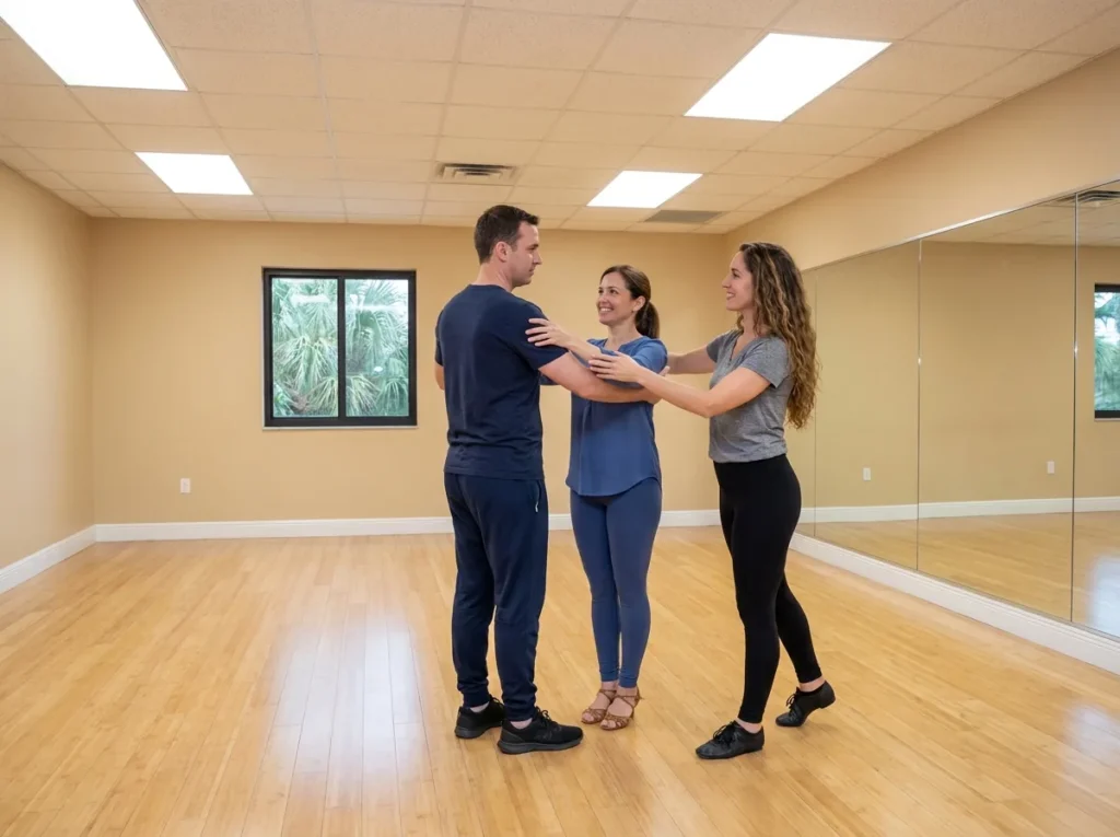 Couple feeling comfortable at their first dance lesson together