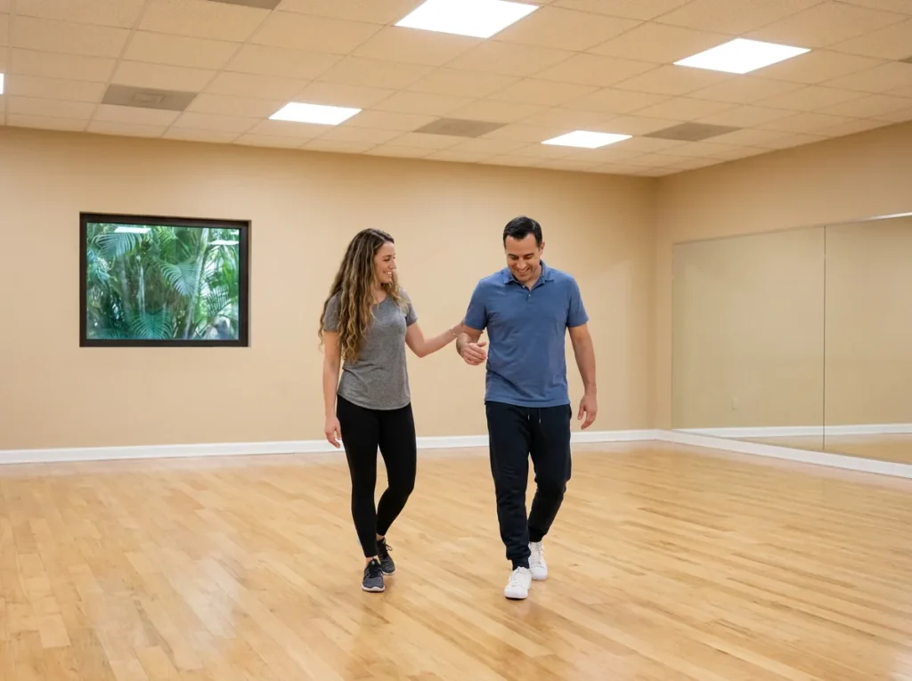 Couple taking a dance lesson together at Fred Astaire Dance Studios Solana Beach