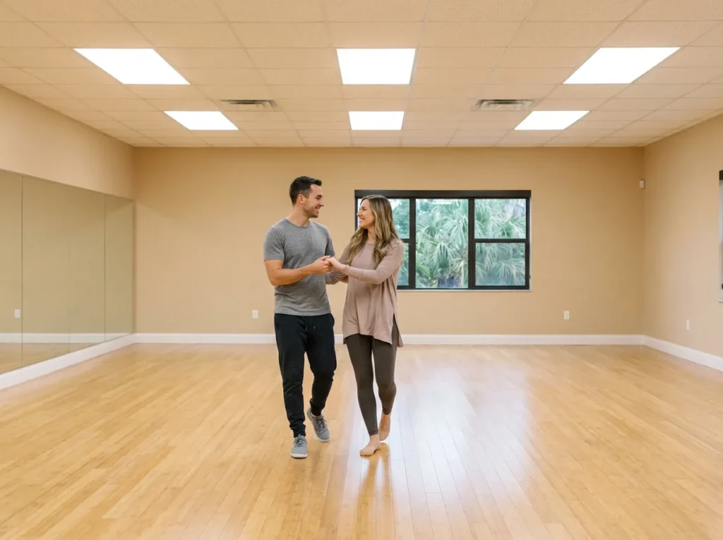Couple planning their wedding dance together