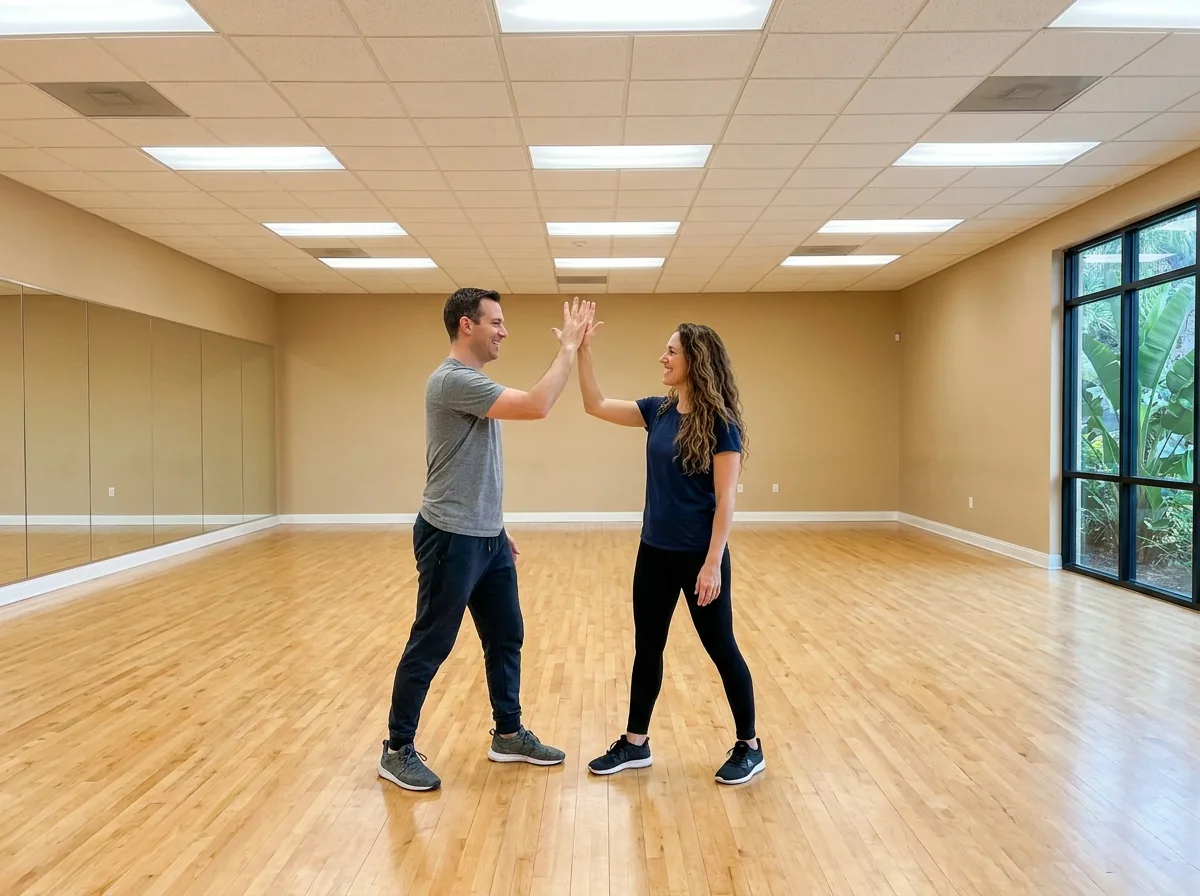 Couple dancing foxtrot together in a Solana Beach studio
