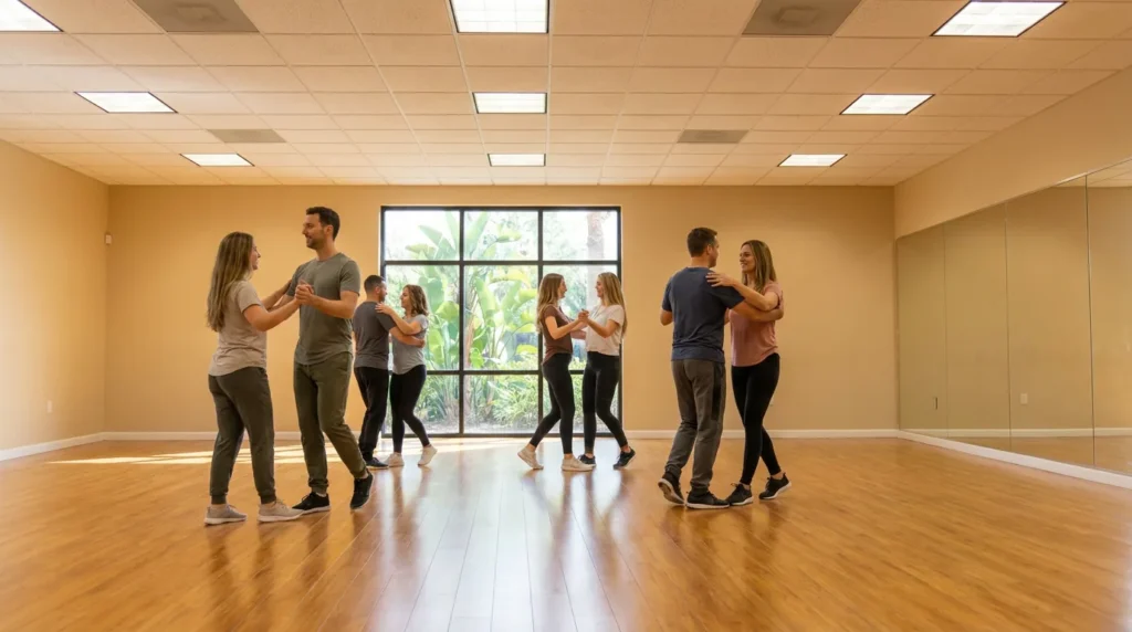 Couple dancing foxtrot in a Solana Beach studio