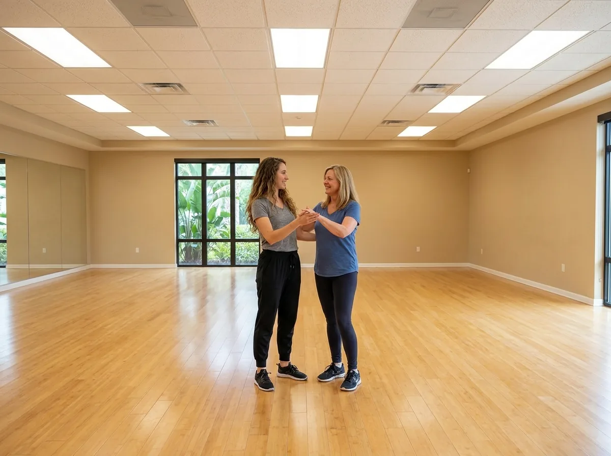 Instructor demonstrating foxtrot technique to a student in Solana Beach