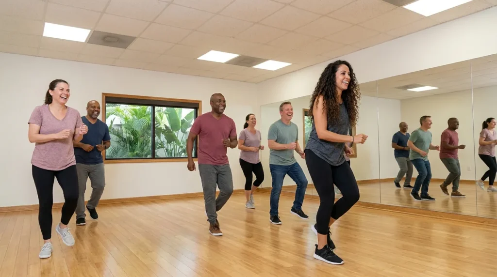 Small group dance class learning together on the studio floor