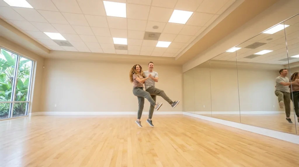Couple dancing jive in a Solana Beach studio
