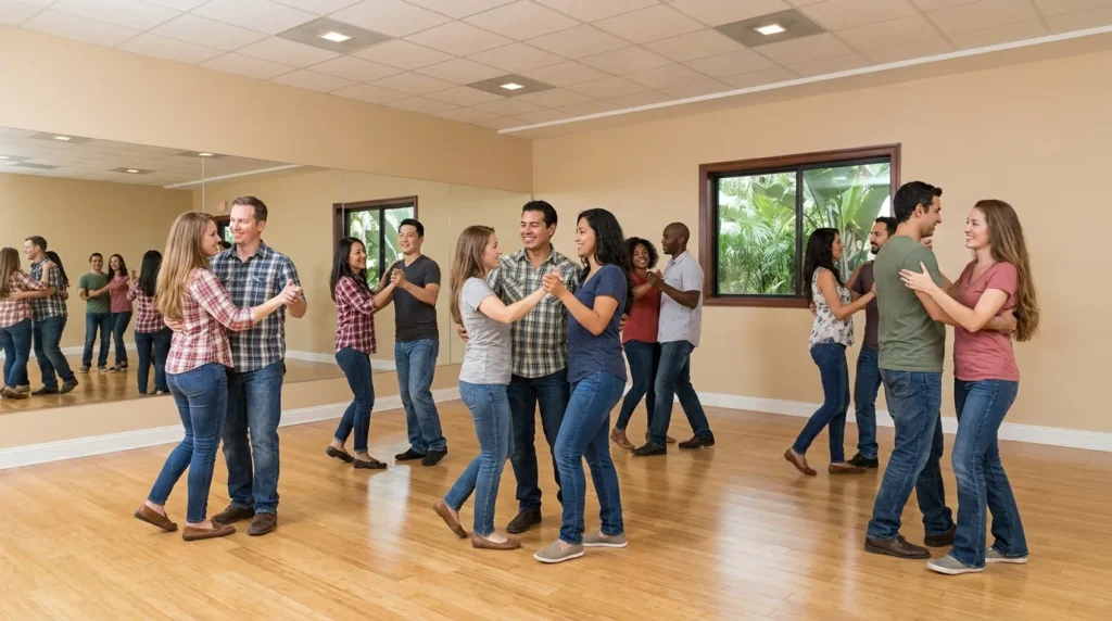 Couple dancing a Latin style in a Solana Beach studio