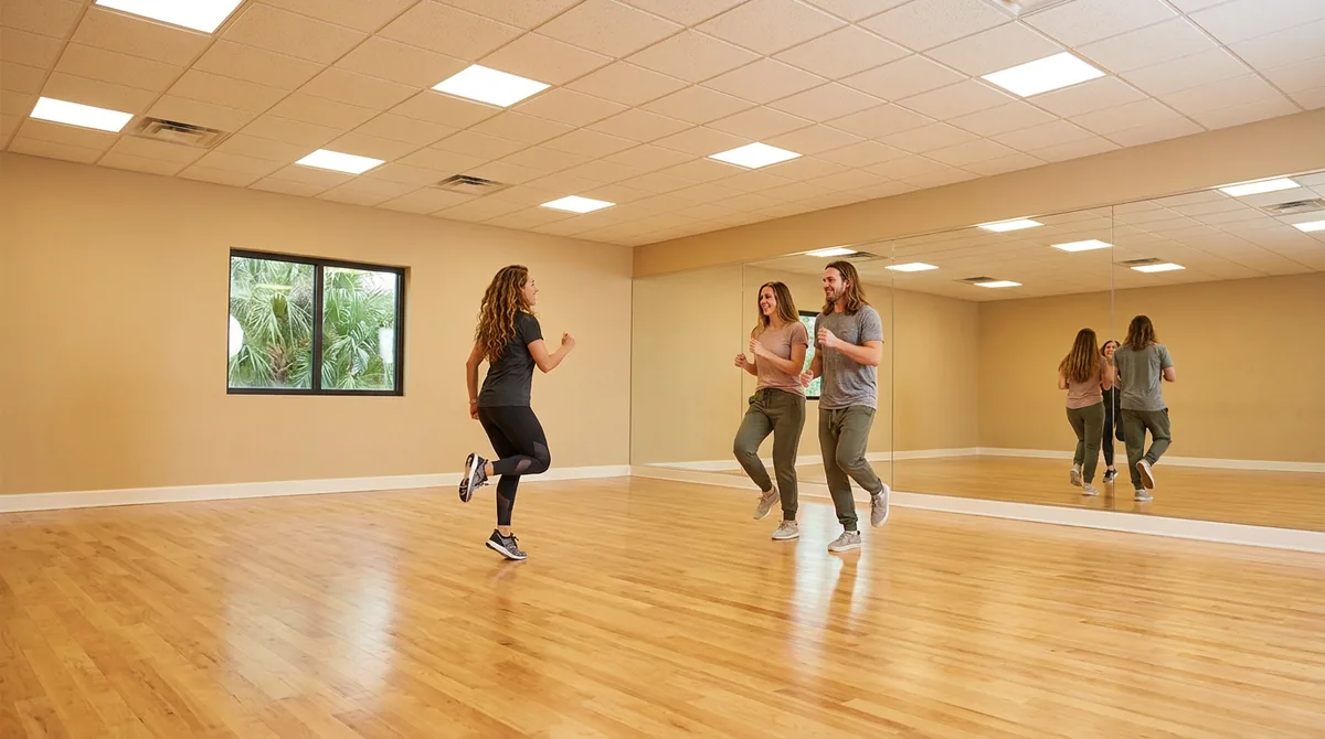 Lindy lessons Solana Beach: instructor demonstrating the Lindy Hop swingout during a lesson