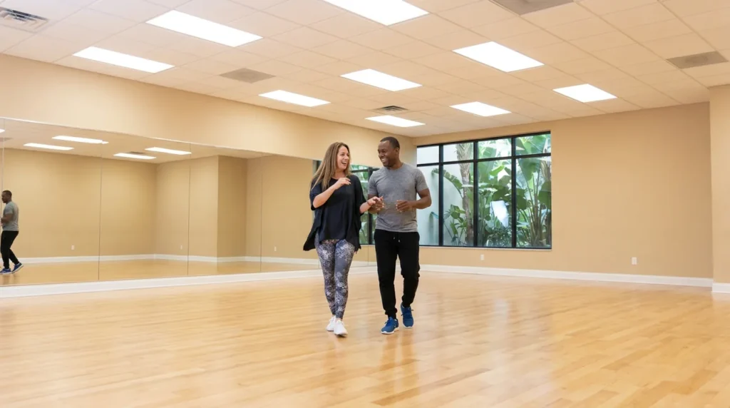 Couple dancing mambo in a Solana Beach studio