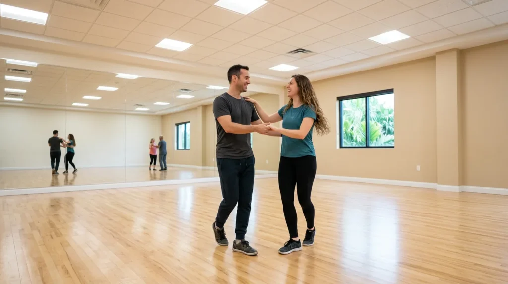 Couple dancing merengue in a Solana Beach studio
