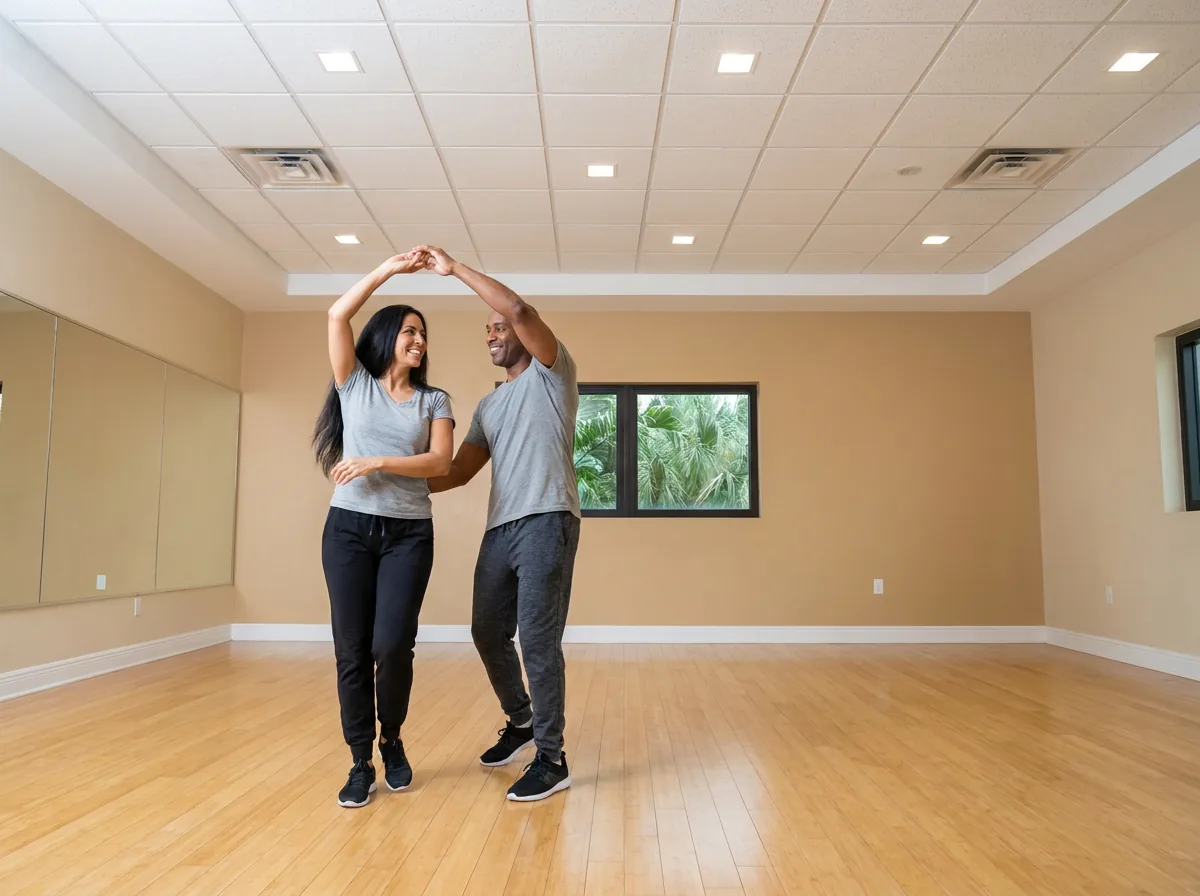 Instructor demonstrating merengue technique to a student in Solana Beach