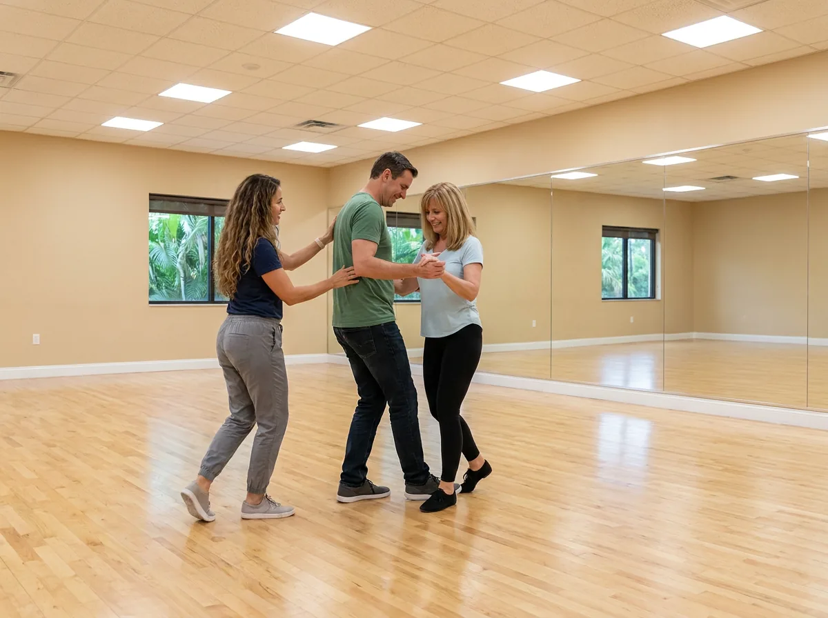 Adult student building confidence in a nightclub two step lesson in Solana Beach