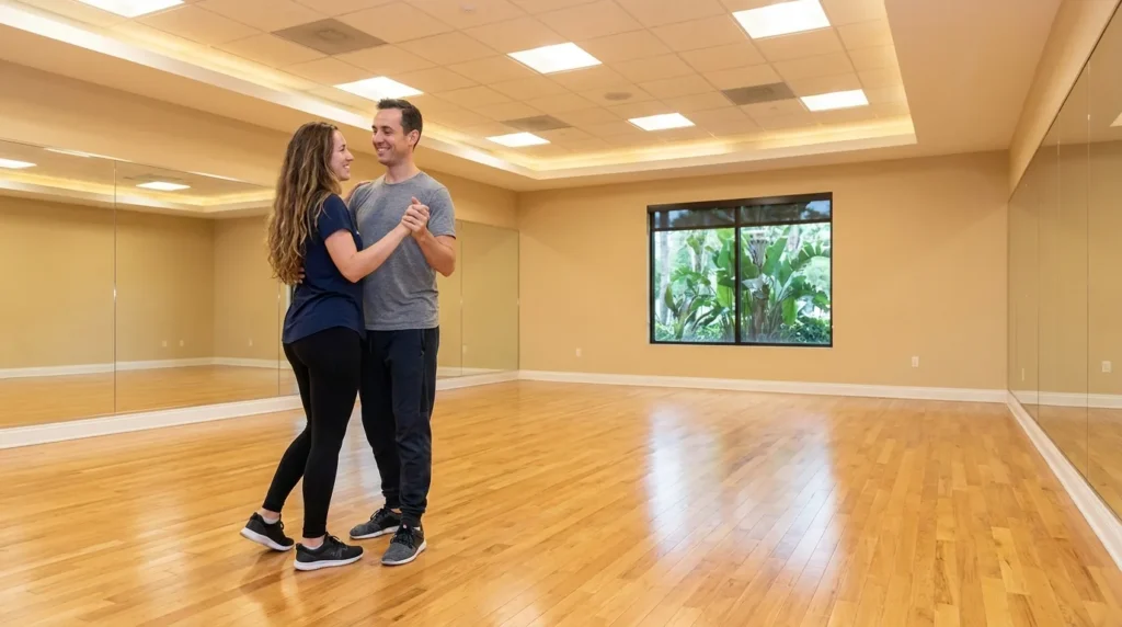 Couple dancing nightclub two step in a Solana Beach studio