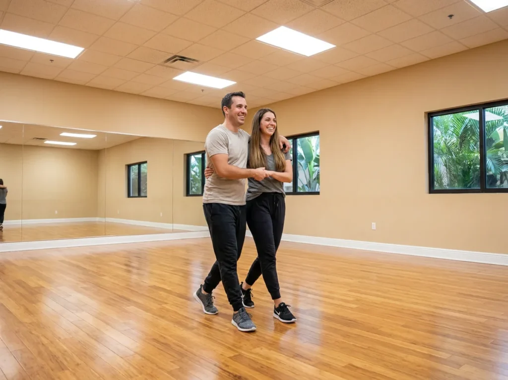 Beginner student learning basic steps with an instructor