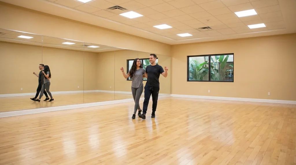 Couple dancing paso doble in a Solana Beach studio