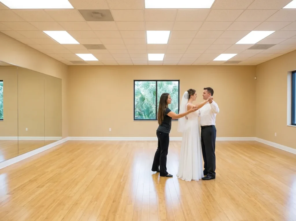 First dance lessons Solana Beach Studio couple practicing their first dance in a warm Solana Beach dance studio