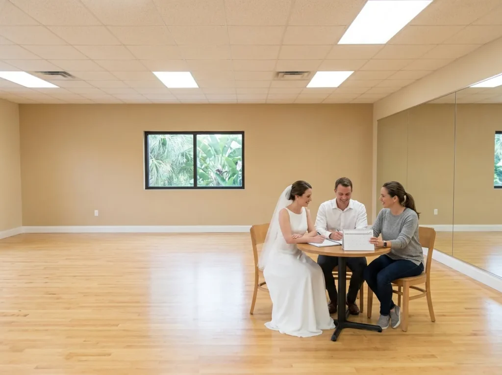 dance lessons Solana Beach Couple planning ahead with a dance instructor during wedding dance practice.