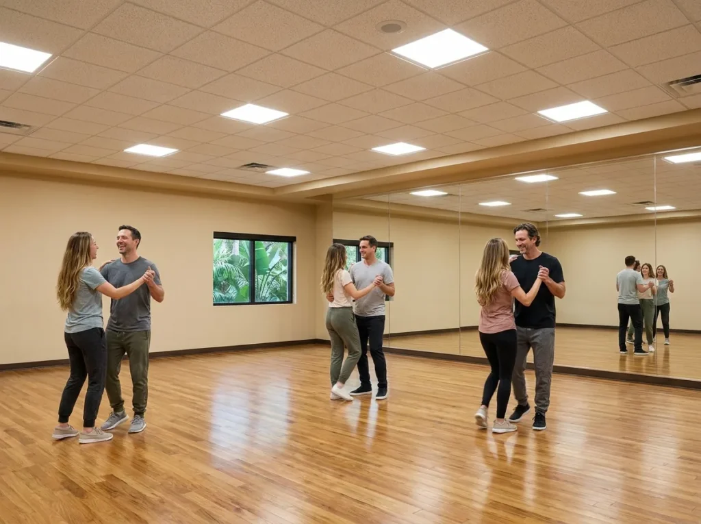 Students practicing at a group dance party