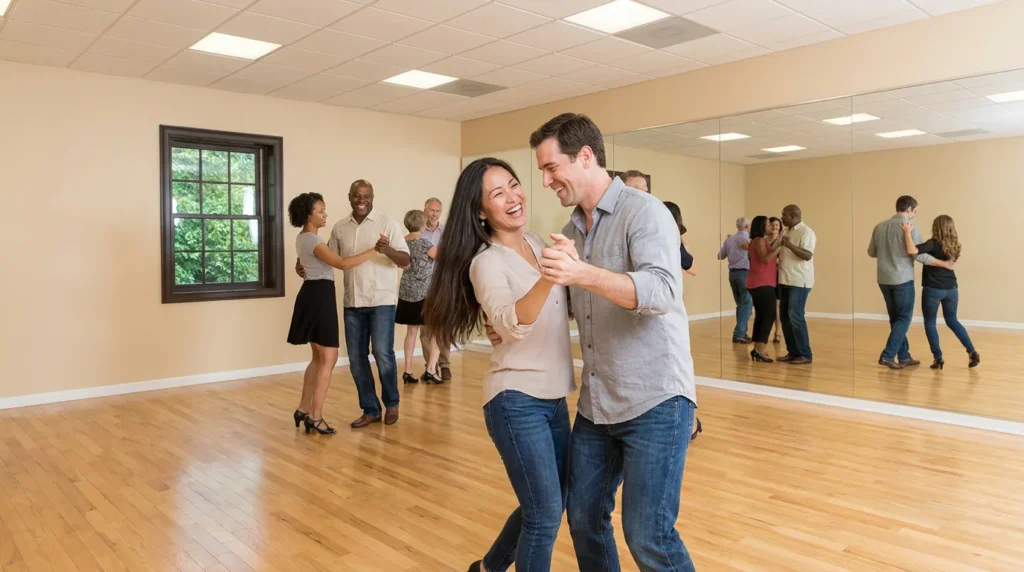 Couple dancing rhythm styles in a Solana Beach studio