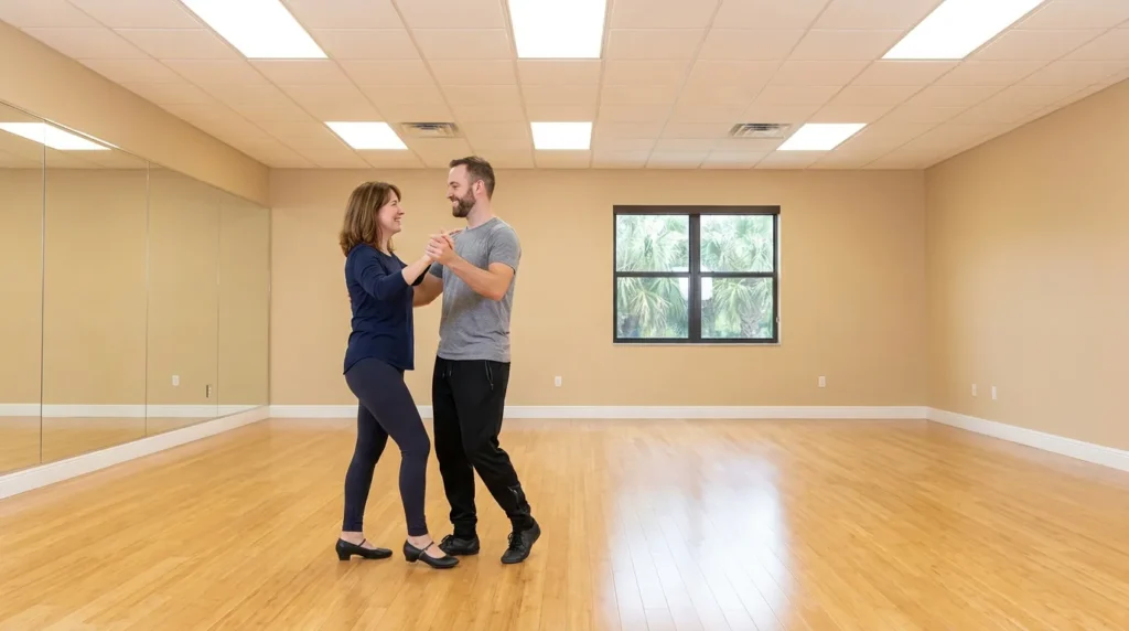 Couple dancing rumba in a Solana Beach studio