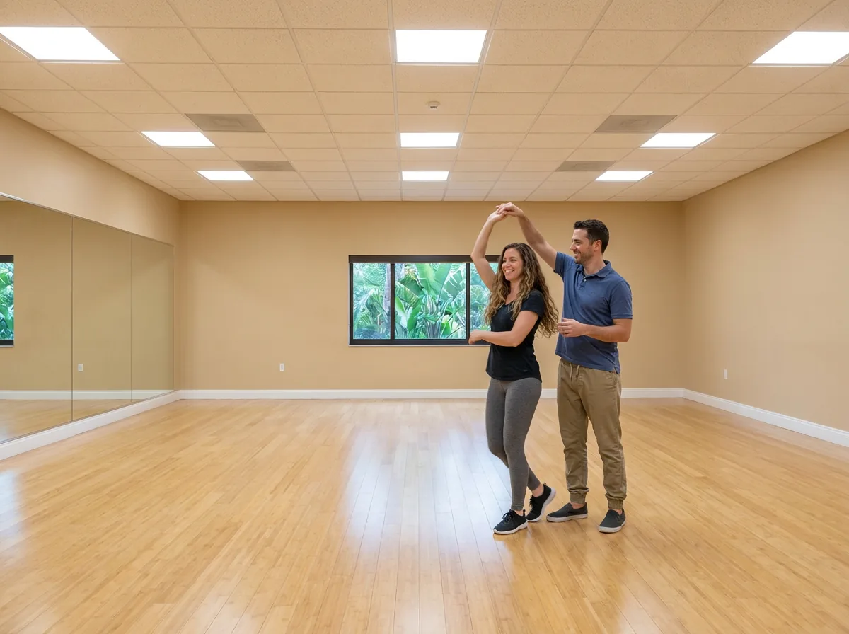 Instructor demonstrating rumba technique to a student in Solana Beach