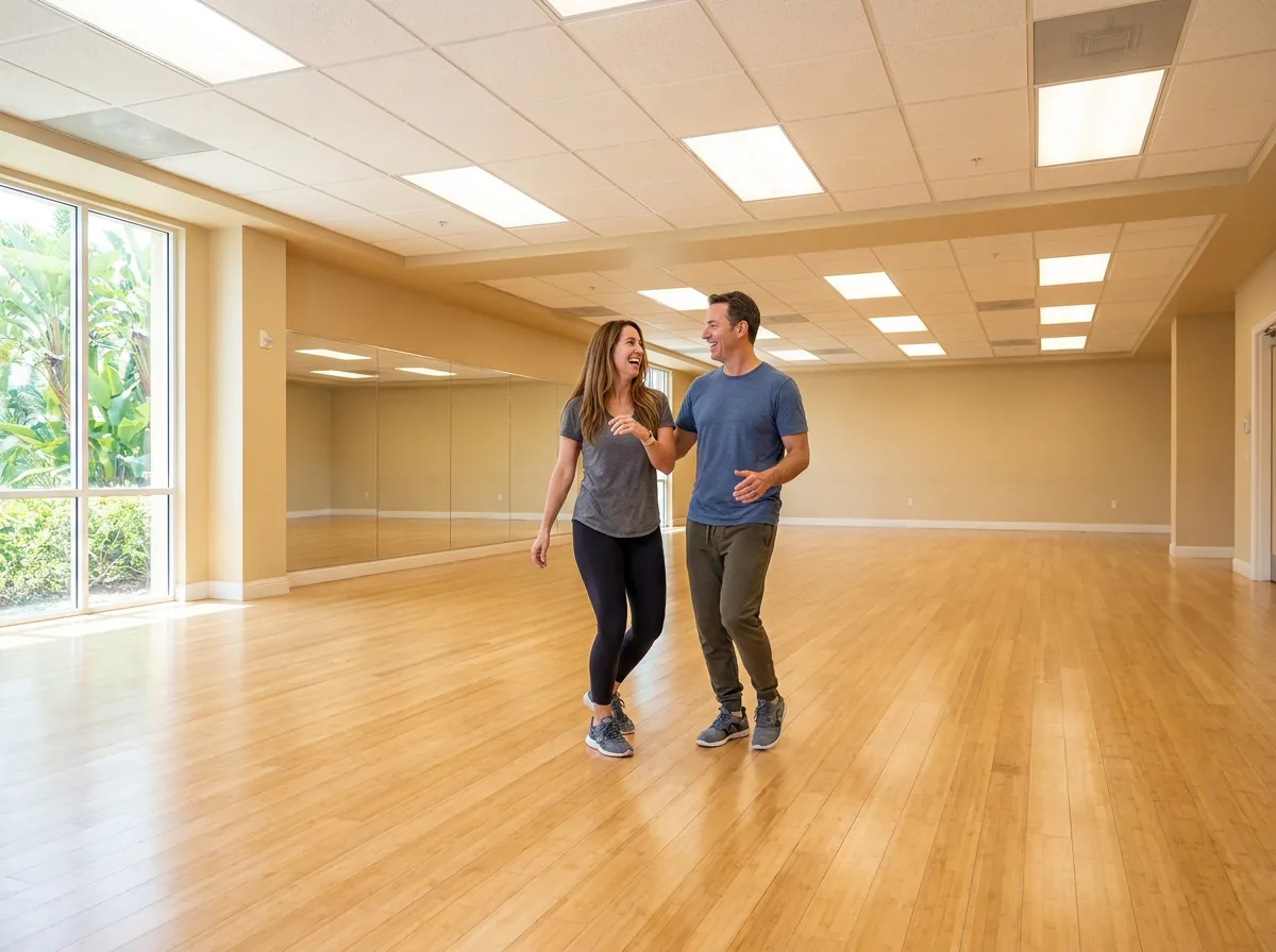 Adult student building confidence in a salsa lesson in Solana Beach