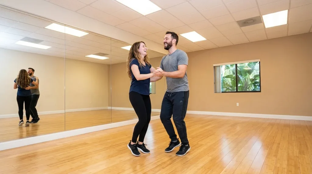 Couple dancing samba in a Solana Beach studio