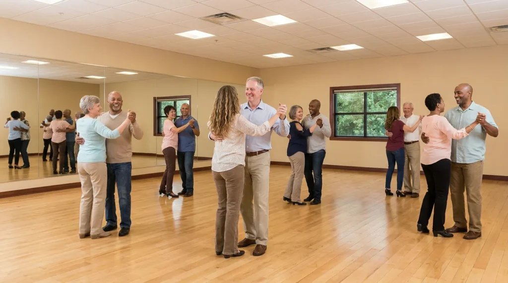 Couple dancing a smooth ballroom style across the floor