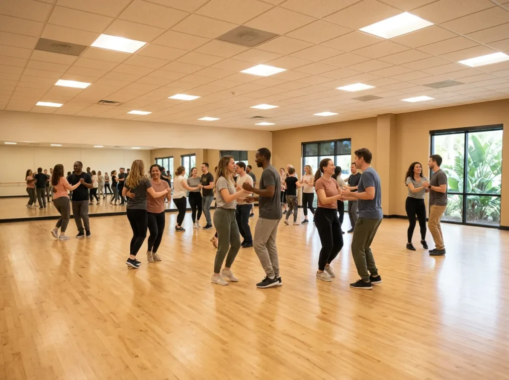 Adults social dancing together on the studio floor