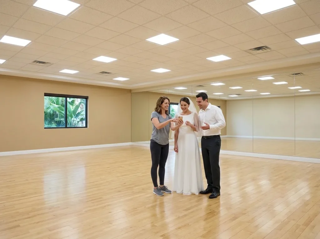 Instructor guiding a couple on song and style for their first dance