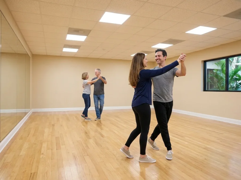 Standard ballroom dance lessons Solana Beach: students and instructors in the studio