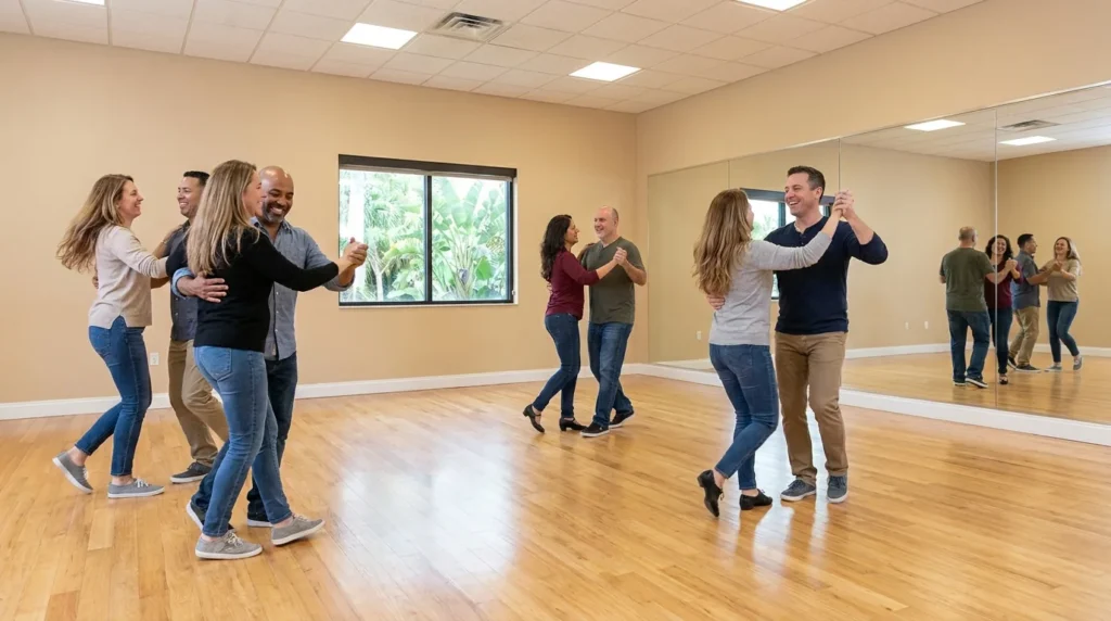 Couple in standard ballroom hold moving across the studio floor