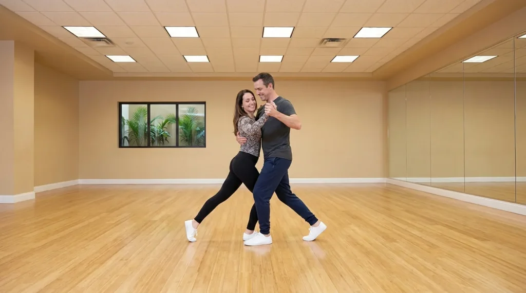 Couple dancing tango in a Solana Beach studio