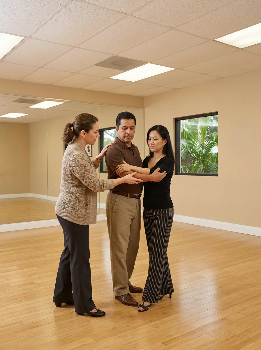 Instructor demonstrating tango technique to a student in Solana Beach