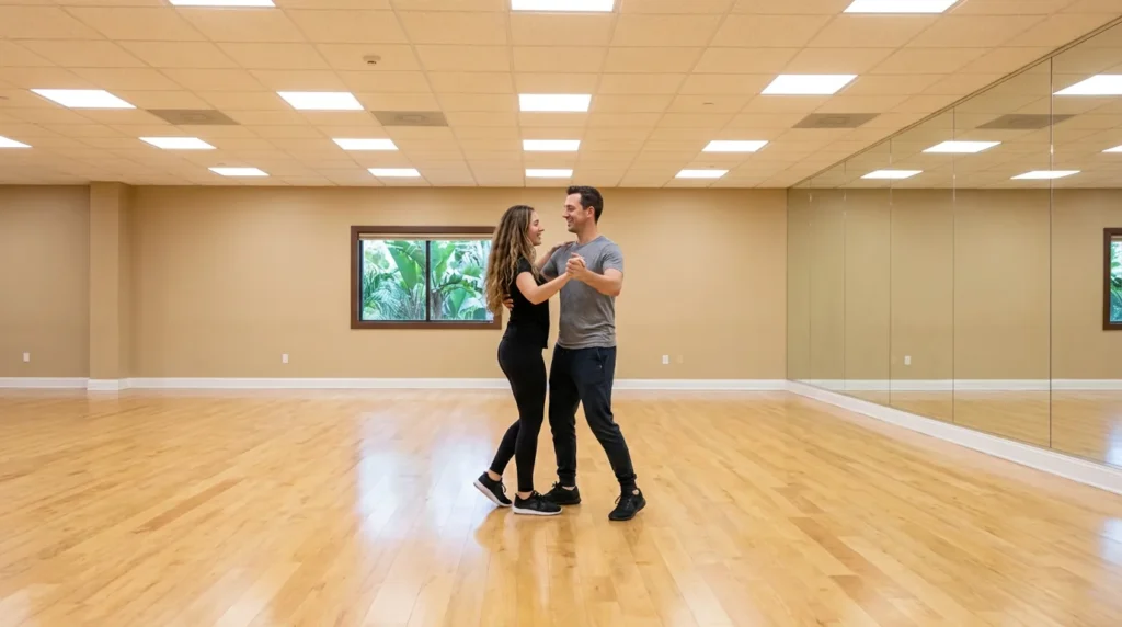 Couple dancing waltz in a Solana Beach studio