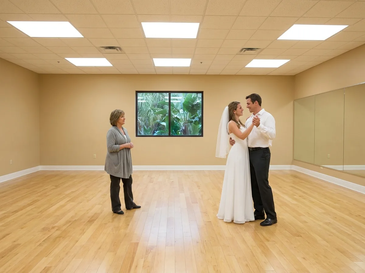 Couple dancing a waltz first dance in the studio