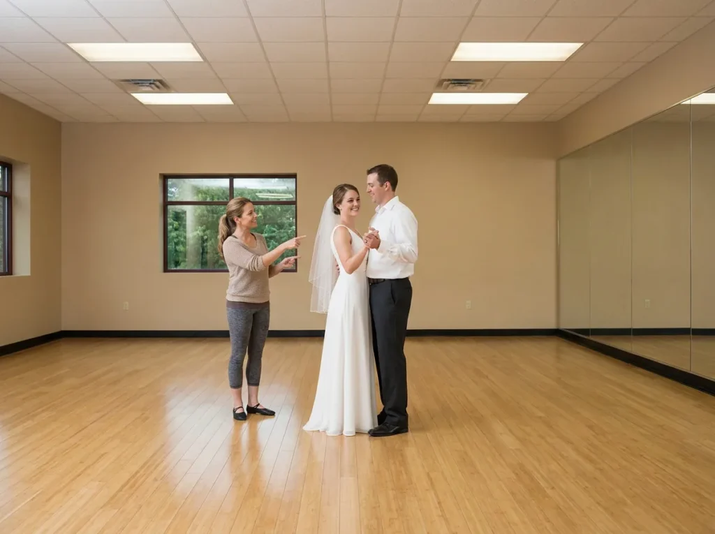 First dance lesson in Solana Beach with instructor helping an engaged couple practice their wedding dance