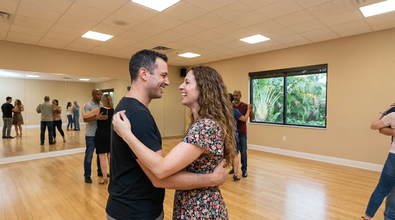Engaged couple practicing their wedding dance solana beach with an instructor