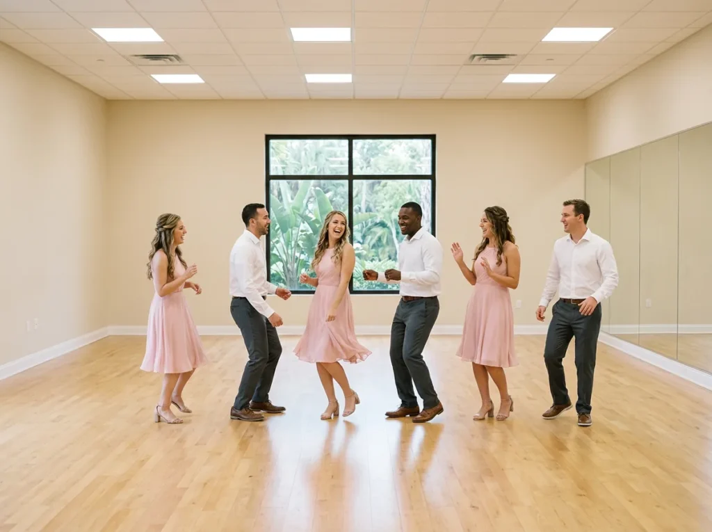 Wedding party learning choreography at Fred Astaire Dance Studios Solana Beach