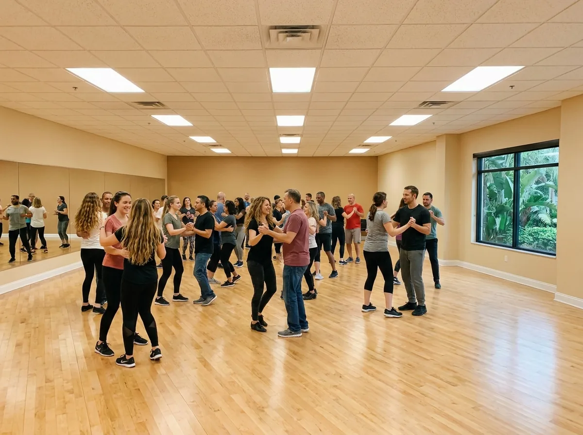 West coast swing dancers together on the social floor
