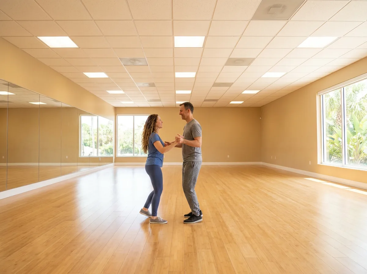 Adult student building confidence in a west coast swing lesson in Solana Beach