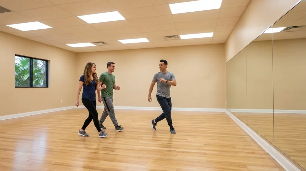 Latin dance lessons Solana Beach: instructor guiding an adult student through a Cha Cha basic