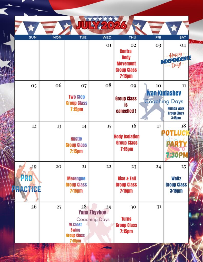 July dance class calendar for Southlake TX
