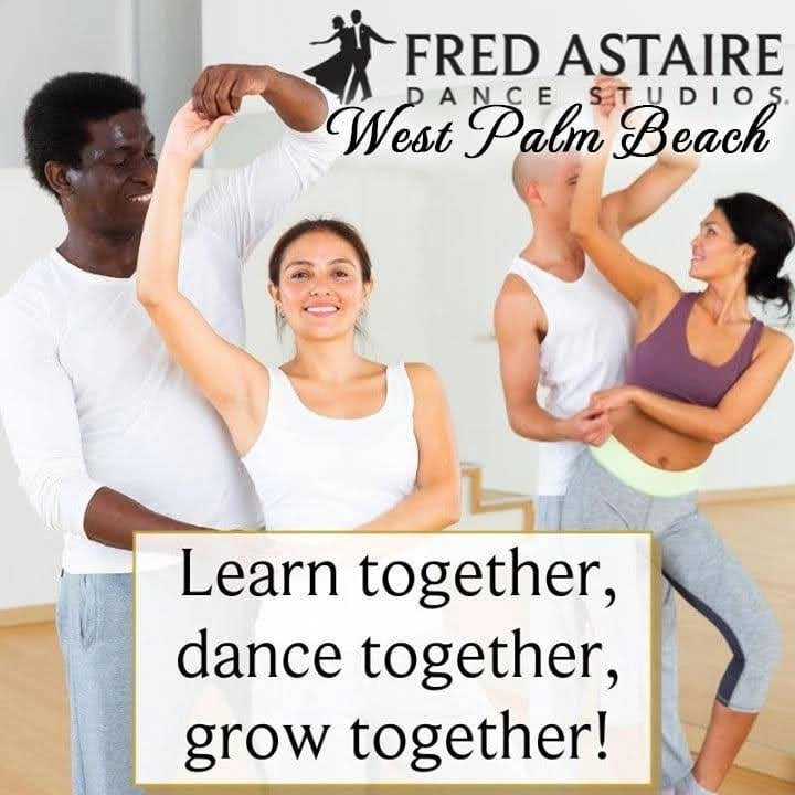 Partner dancing at Fred Astaire Dance Studios West Palm Beach: two couples dance in a bright studio, with the text ‘Learn together, dance together, grow together!’