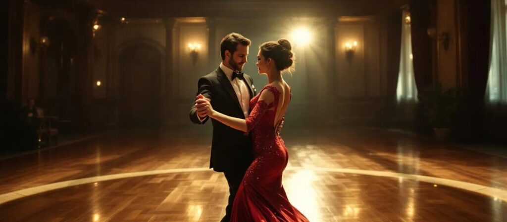 In this vibrant image, a group of happy adults engages in ballroom dancing on a polished dance floor, showcasing joyful expressions as they move in sync with the rhythm of the music. The scene highlights the social interaction and physical benefits of dance classes, emphasizing the joy and well-being that comes from dancing together.