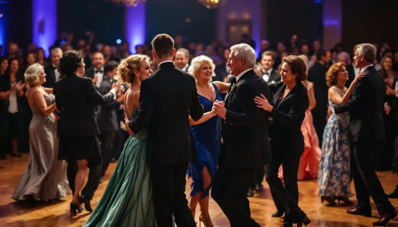 In a vibrant dance studio, adults of various ages engage in ballroom dancing, showcasing their skills and joy on the dance floor. The scene highlights the cultural expression and diversity of dance, emphasizing the many benefits of physical activity, social interaction, and self-expression through movement.