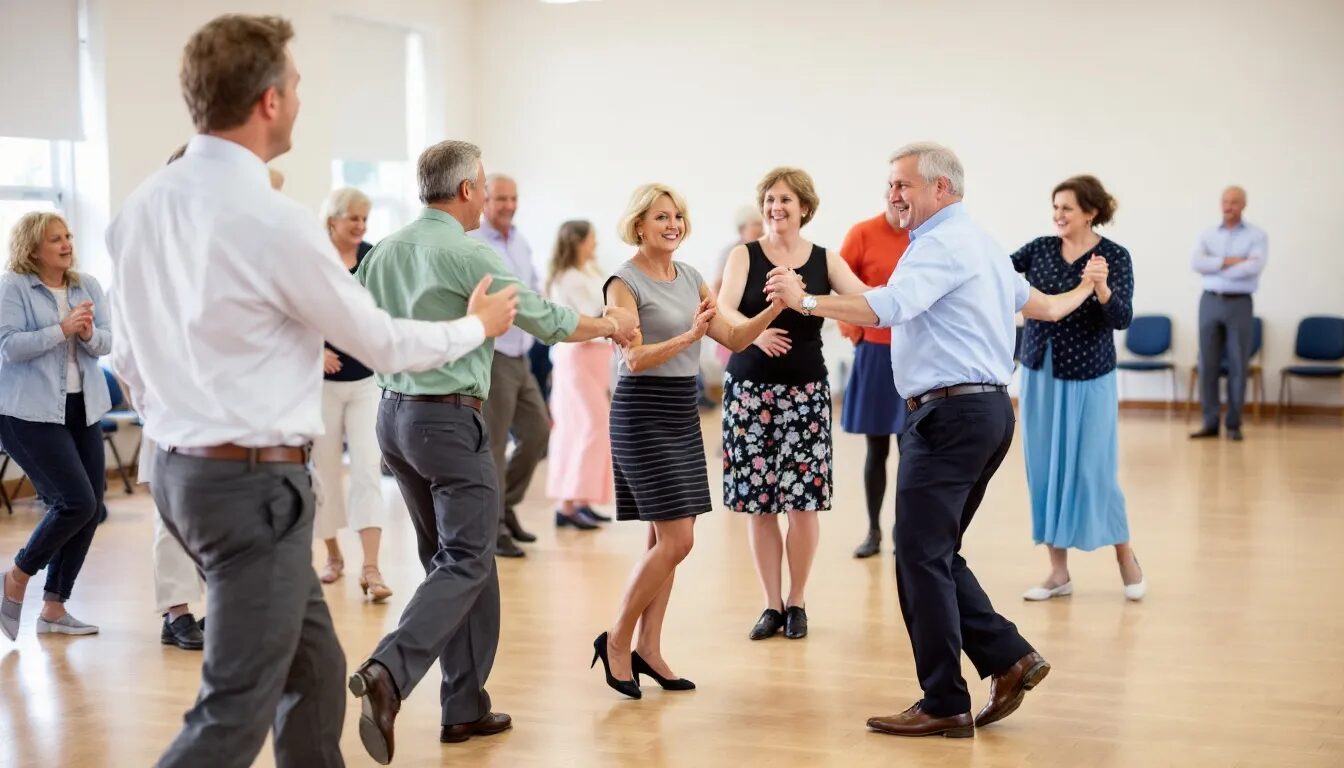 In A Lively Dance Studio, Adults Of Various Ages Are Engaged In Ballroom Dance Lessons, Learning Basic Steps And Rotating Partners On The Dance Floor. The Atmosphere Is Filled With Joy And Community As They Meet New People And Practice Their Skills In A Supportive Environment.