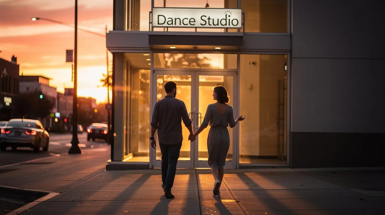 A Couple Walks Hand In Hand Toward The Entrance Of A Dance Studio At Sunset, Creating A Romantic Atmosphere Perfect For Celebrating The Holiday Weekend. This Moment Captures The Essence Of Spending Time With Loved Ones And Enjoying Outdoor Activities During The Warm Summer Evenings.