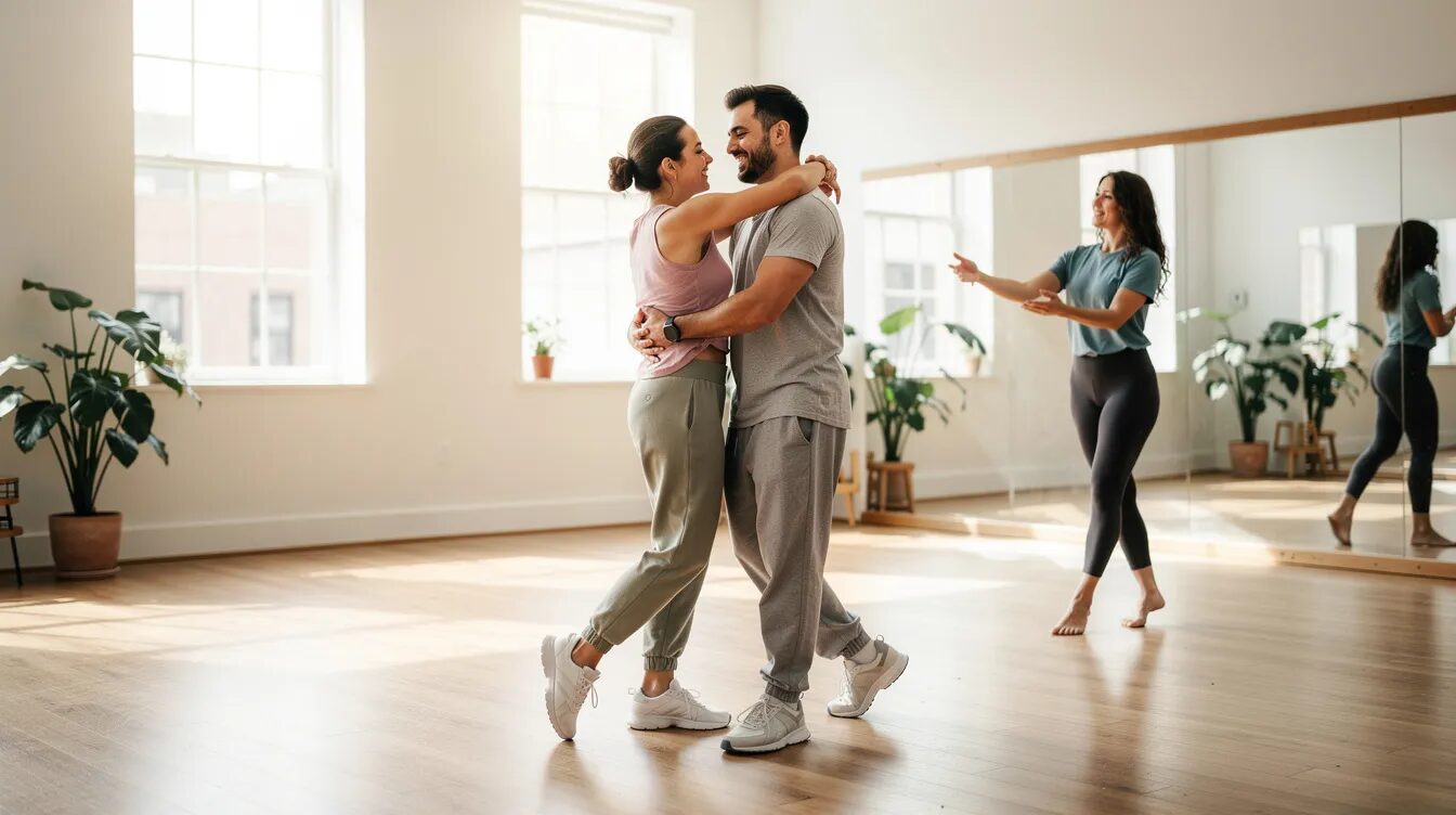 A Couple Is Joyfully Learning To Dance Together In A Bright And Welcoming Studio, With A Friendly Instructor Guiding Them Nearby. This Scene With Memorial Day Date Ideas Captures A Fun Activity That Could Be A Wonderful Way To Spend Time Together During The Memorial Day Weekend, Celebrating And Creating Memorable Moments With Loved Ones. 
