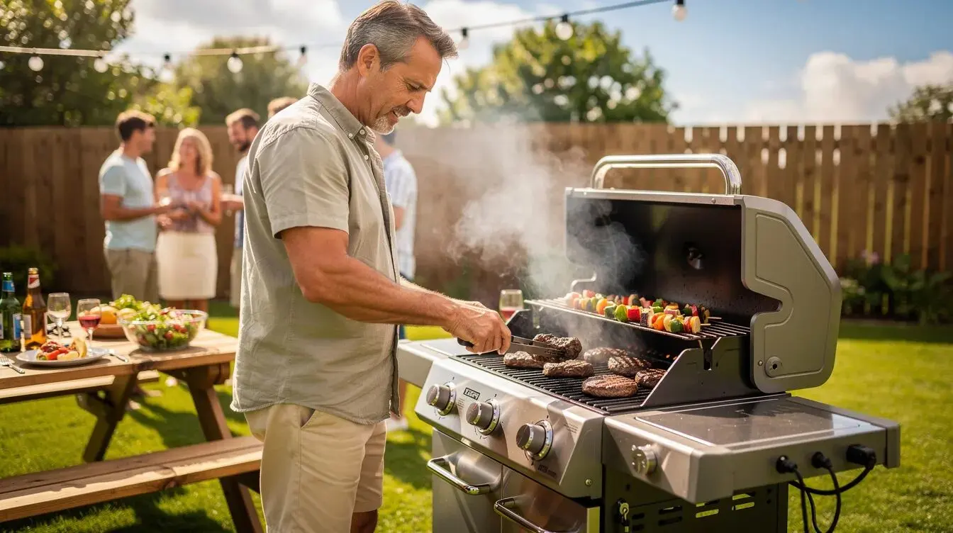 A Man Is Grilling Outdoors At A Sunny Backyard Barbecue, Surrounded By Family And Friends, Creating Lasting Memories On A Special Day. The Scene Captures The Joy Of Outdoor Cooking, Perfect For Celebrating Father Figures With Delicious Food And Craft Beer.