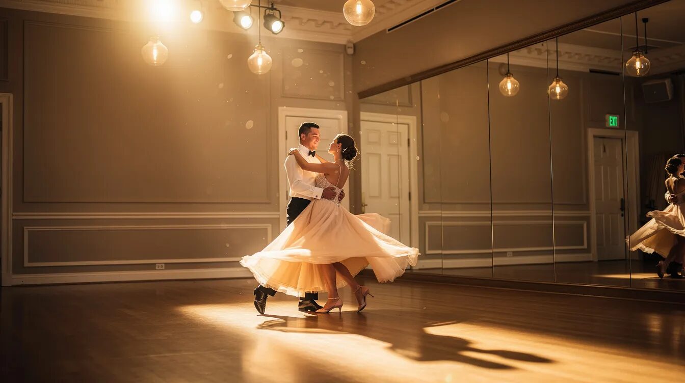 A Couple Is Gracefully Dancing Together On A Polished Dance Floor In An Elegant Ballroom Studio, Surrounded By Warm Lighting That Creates A Romantic Atmosphere. This Scene Captures A Special Moment Of Connection And Joy, Perfect For Creating Lasting Memories On A Special Day.